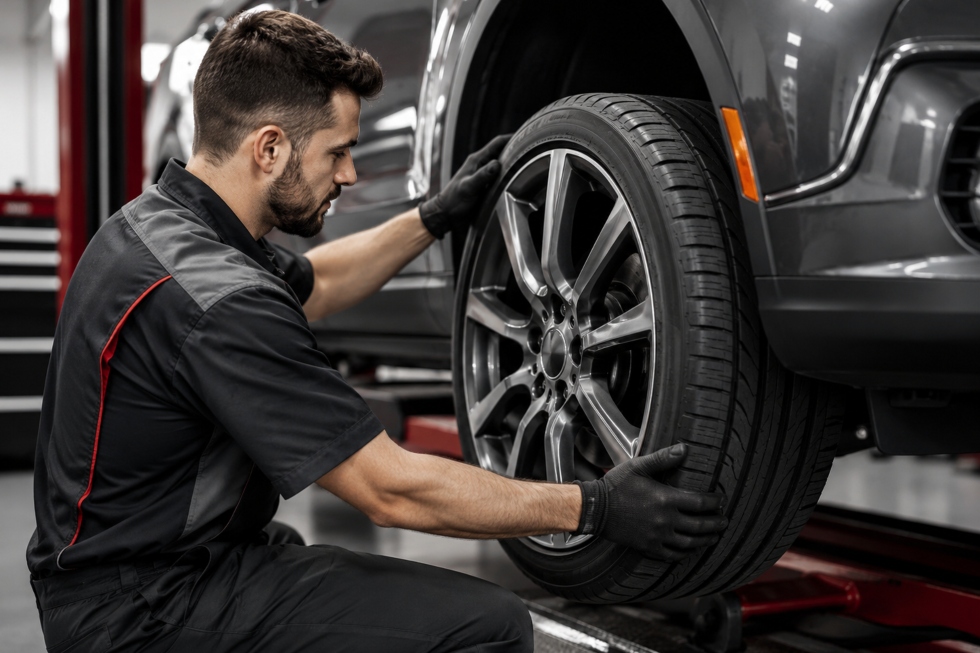 Automotive technician inspecting a vehicle tire during tire service at Richmond Street Automotive in Appleton, WI